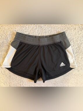 adidas Women’s Black Athletic Shorts with Gray Waistband and White Side Panels